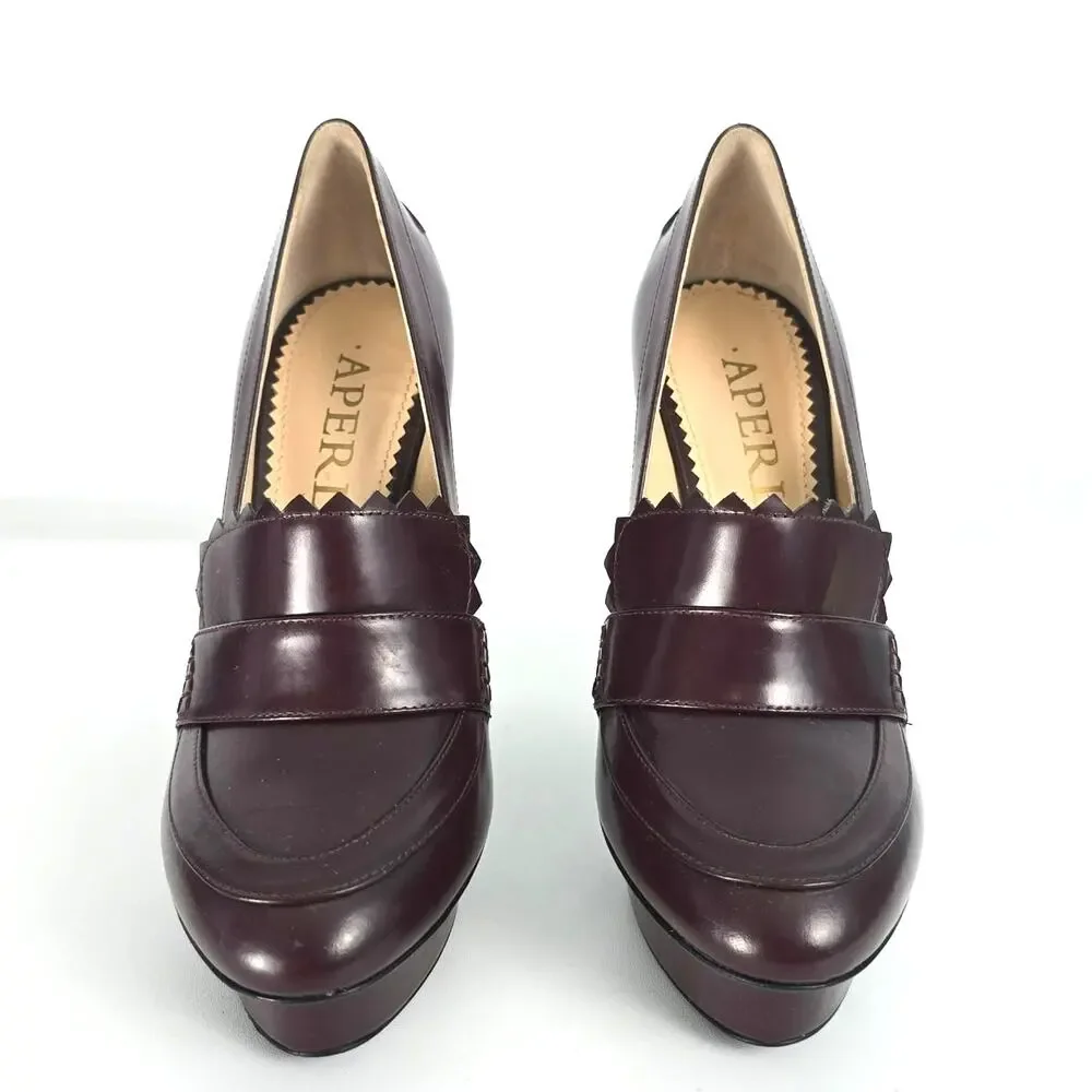 Aperlai High Heel Loafer Lucite Zig Zag Heel Platform Oxblood Burgundy Size 38